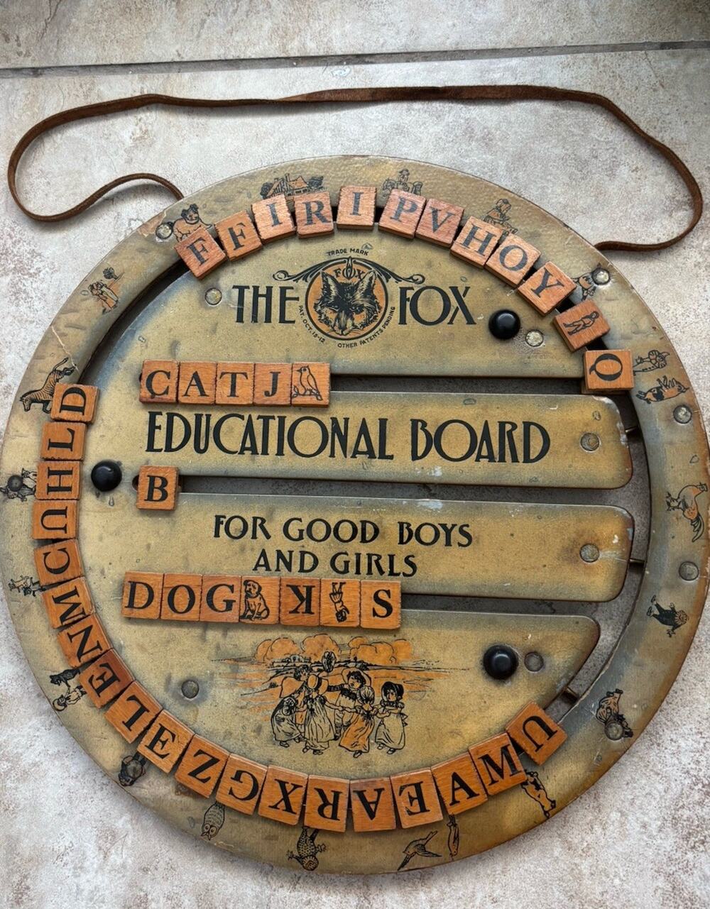 Antique 1912 Fox Educational Board Alphabet Math Wood Tile Toy Berea Ohio Green